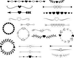 bordes antiguos y elementos de desplazamiento sobre fondo blanco. conjunto de divisores. elegante signo divisor de página de corazón adornado. estilo plano vector