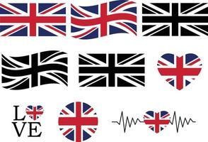 United Kingdom flag set on white background. oval, circular, heartbeat, Love and heart shape. Waving British flag. flat style. vector