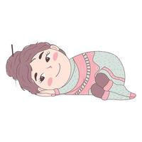 cute cartoon doodle girl in a voluminous ugly hygge sweater with a bun on her head lies on her side vector