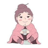 linda caricatura garabato chica en un voluminoso feo suéter hygge con un moño en la cabeza envuelto en una mullida manta a cuadros bebiendo café caliente vector