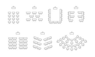 conjunto de asientos de plano en el restaurante o en la vista superior de la casa. iconos de línea de sillas y mesas. esquema, anteproyecto, plan arquitectónico. Ilustración vectorial sobre fondo blanco vector