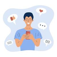 Young happy man using a smartphone and chatting. Communication, mobile, conversation, social networks concept. Person and gadget. Social media influence and addiction. vector