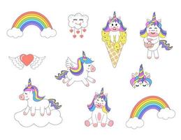 lindos unicornios, arco iris, juego de nubes. personajes kawaii mágicos. diseño para pegatinas, tarjetas, afiches, camisetas, invitaciones, baby shower, cumpleaños, decoración de habitaciones. vector