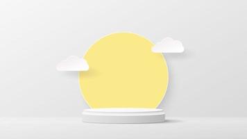 White 3D podium with clouds and yellow circle design. Abstract stage showcase. Vector illustration. Eps10