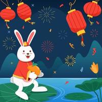 Rabbit On Floating Lotus Leave vector