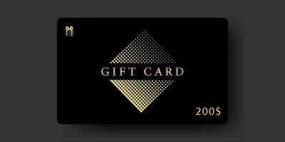 Black vip gift card, template. Halftone element, gift box, text in golden. Elegant. Minimal style. Vector illustration.