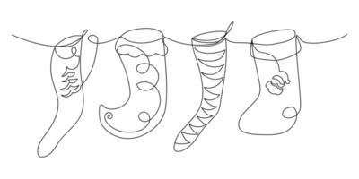 Hanging different funny Christmas socks in doodle style. Holiday sketch. Continuous line drawing art. Minimal. Cute vector illustration drawn by one line.