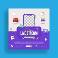 Digital marketing live webinar and corporate social media post or banner template with modern live streaming 3d style square flyer or poster design