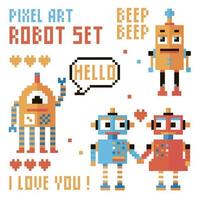 Set of pixel robots, words, hearts. vector