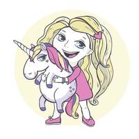 niña y unicornio mágico de dibujos animados. vector