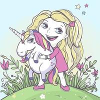 niña y unicornio mágico de dibujos animados. vector