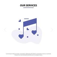 nuestros servicios música amor corazón boda icono de glifo sólido plantilla de tarjeta web vector