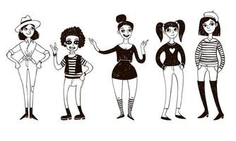 Set of doodle women in retro style. vector