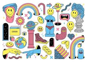 Sticker pack of funny cartoon characters, statues, smile and surreal element in psychedelic style. vector