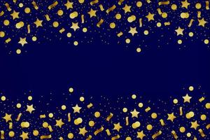 Confetti, firecracker, carnival and paper. Circle, star, ribbon of gold colors. Vector illustration on a blue horizontal background. Cartoon style.