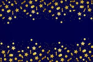 Confetti, firecracker, carnival and paper. Circle, star, ribbon of gold colors. Vector illustration on a blue horizontal background. Cartoon style.