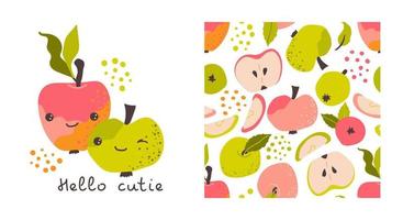 Apples pattern. Card with text Hello cutie. Background with sliced pieces and ripe fruits.Baby print. Perfect for printing on the fabric, design package and cover vector