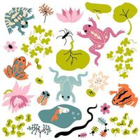 conjunto de ranas paquete vectorial con serpiente, zancudos de agua, mosca, escarabajos, hojas, flores, loto, lirios de agua, olas. perfecto para tarjetas, papel de envolver, impresión en tela, paquete de diseño y cubierta vector