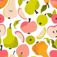 Apples and pear pattern. Background with sliced and ripe fruits. Food print. Perfect for printing on the fabric, design package and cover vector