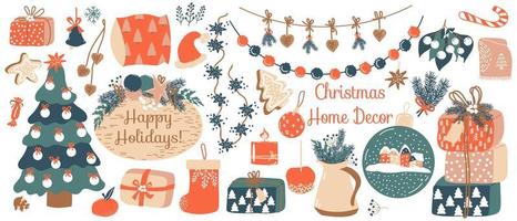 Christmas Home Decor set. Vector items of hand drawn elements of Spruce, gift boxes, garlands, gingerbread, candy, textile, christmas toys. Trendy objects for cozy winter time