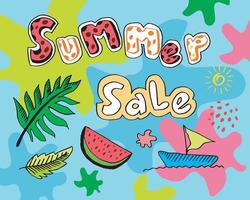 Summer sale banner template.An abstract summer with palm leaves and hand drawn leaves. Tropical background. Promo badge for your seasonal designs. vector