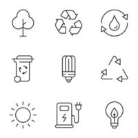 Collection of isolated vector line icons for web sites, adverts, articles, stores, shops. Editable strokes. Signs of tree, recycle, drop, trash can, eco, lamp, sun, gas station, eco lamp