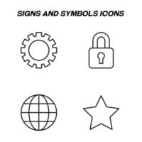 Minimalistic outline signs drawn in flat style. Editable stroke. Vector line icon set with symbols of gear, cogwheel, globe, planet, star