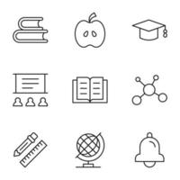 Collection of isolated vector line icons for web sites, adverts, articles, stores, shops. Editable strokes. Signs of books, apple, academic square cap, auditorium, lesson