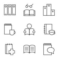 Collection of isolated vector line icons for web sites, adverts, articles, stores, shops. Editable strokes. Signs of stack of documents, reader, cup by book, first aid, speech bubble by book