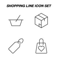 Minimalistic outline signs drawn in flat style. Editable stroke. Vector line icon set with symbols of shopping basket, box, price, label, heart on shopping bag