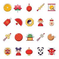 Chinese New Year concept. Collection of vivid cartoon images of coin, flower, amulet, gong, dragon mask and souvenirs. Perfect for web sites, adverts, shops, stores vector