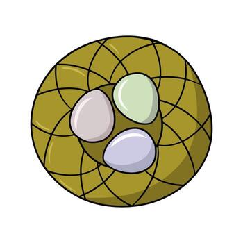 Decorative wicker basket with eggs, top view, vector illustration in cartoon style on a white background