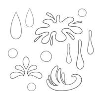 Monochrome set of icons, various splashes, waves and water drops, vector illustration in cartoon style, on a white background