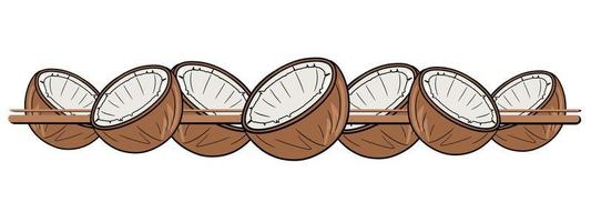 Horizontal border, edge, brown coconut halves, cartoon-style vector illustration on a white background