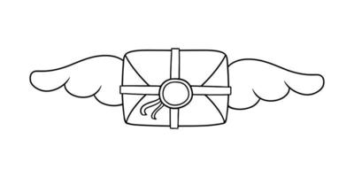 Monochrome Vintage romantic envelope with wings, tied with ribbon, vector illustration in cartoon style