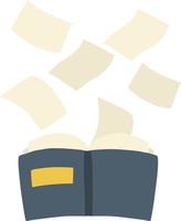 Open book. Blue cover. Flying paper pages. Education and reading. Hobbies and training. Cartoon flat illustration isolated on white vector