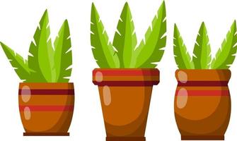 Pot of a house plant. Set of Brown flowerpot. Green leaves and gardening. Decoration for home. Cartoon flat illustration vector