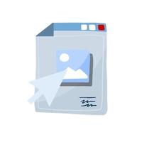 Image on web page. Click cursor pointer on website. Attached document with picture. Internet and design. Flat cartoon illustration isolated on white vector