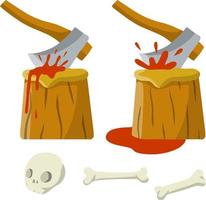 lugar de ejecución. hacha y tocón de árbol con sangre. cráneo y huesos de hombre muerto. castigo medieval. elemento de halloween. tronco de madera y arma. caricatura plana vector