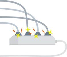 Electrical circuit. Shock, red lightning and yellow sparks from the outlet. Connector and plug. System overload. The problem with the appliance. Fire situation with smoke and safety. vector