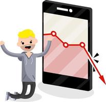 Large mobile phone with falling red business graph. Sad young blogger guy on knees. decrease in views and subscribers. Internet statistics. Business problem. man and a smartphone. Flat illustration vector