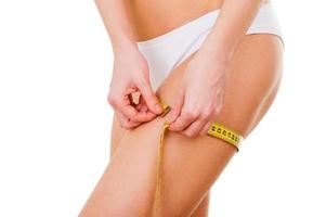 Woman measuring her haunch. Cropped image of woman in white panties measuring her haunch while isolated on white photo