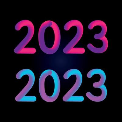 Happy new year 2023 future metaverse neon text neon with metal effect, numbers and futurism lines. Vector greeting card, banner, congratulation poster 3d illustration. Modern trendy electronic light