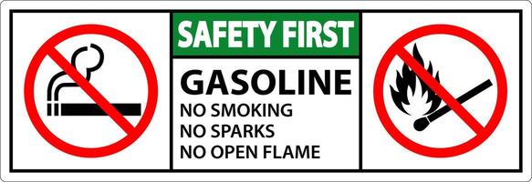 Safety First Gasoline No Smoking Sparks Or Open Flames Sign vector