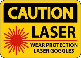 Precaución desgaste láser gafas protectoras láser firmar sobre fondo blanco. vector