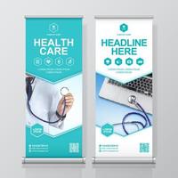 Healthcare and medical and flat icons roll up design, standee and banner template decoration for exhibition, printing, presentation and brochure flyer concept vector illustration