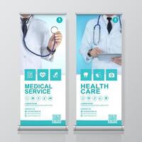 Healthcare and medical and flat icons roll up design, standee and banner template decoration for exhibition, printing, presentation and brochure flyer concept vector illustration