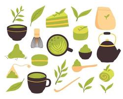 Matcha tea. Vector set of organic tea matcha powder, tea leaves, teapot, traditional cup. Green tea ceremony. Healthy drink.
