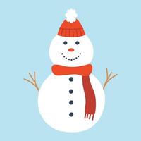 Cute snowman in a hat and scarf. Isolated snowman. Vector illustration. Flat style.