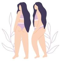cuerpo de mujer positivo. cartel con chica y hojas. ilustración vectorial estilo plano vector